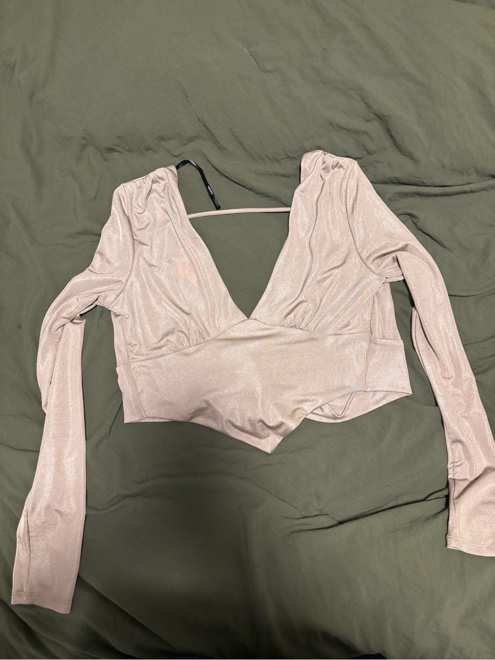 Long Sleeve V-Neck Shimmer Crop Top - Light Gold
